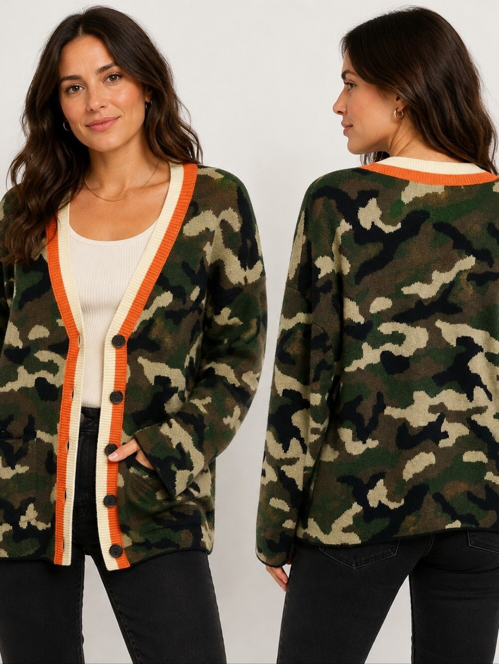KBB Target Olive Camo Cardigan Size L Orange Cream Trim Button Front Utility Chi